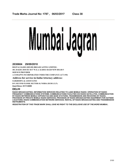 Trade Marks Journal No: 1787 , 06/03/2017 Class 38 2030604 29