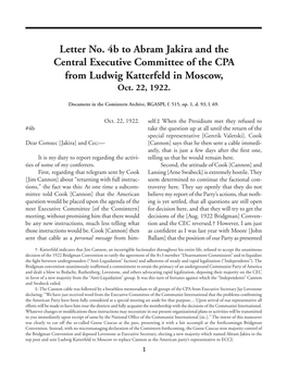 Letter No. 4B to Abram Jakira and the Central Executive Committee of the CPA from Ludwig Katterfeld in Moscow, Oct