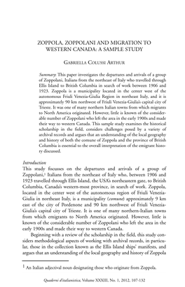 Zoppola, Zoppolani and Migration to Western Canada: a Sample Study