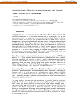 Ecohydrological Studies of Dune Slack Vegetation at Kenfig Dunes, South Wales, UK