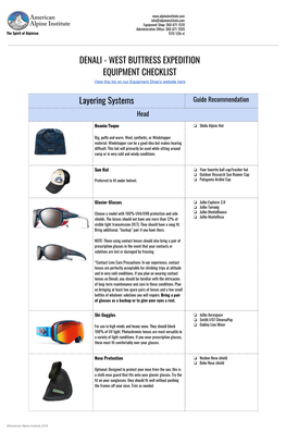 DENALI - WEST BUTTRESS EXPEDITION EQUIPMENT CHECKLIST View This List on Our Equipment Shop's Website Here