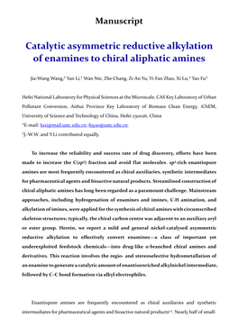 Catalytic Asymmetric Reductive Alkylation of Enamines to Chiral Aliphatic Amines