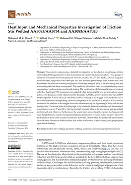 Heat Input and Mechanical Properties Investigation of Friction Stir Welded AA5083/AA5754 and AA5083/AA7020