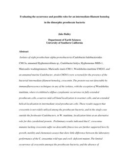 Evaluating the Occurrence and Possible Roles for an Intermediate-Filament Homolog in the Dimorphic Prosthecate Bacteria Jake