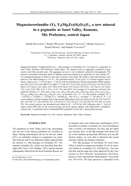 Y4(Mg,Fe)(Si2o7)2F2, a New Mineral in a Pegmatite at Souri Valley, Komono, Mie Prefecture, Central Japan