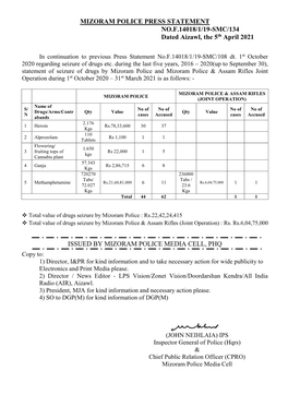 Mizoram Police Press Statement Dt.5.4.2021