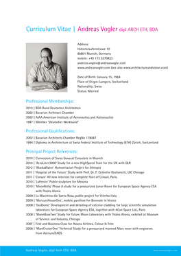 Curriculum Vitae | Andreas Vogler Dipl ARCH ETH, BDA