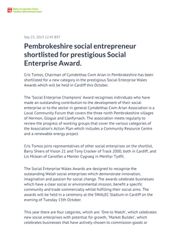 Pembrokeshire Social Entrepreneur Shortlisted for Prestigious Social Enterprise Award