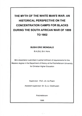 The Myth of the White Man's War: an Historical Perspective on the Concentration Camps for Blacks During the South African War of 1899 to 1902