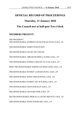 OFFICIAL RECORD of PROCEEDINGS Thursday, 11