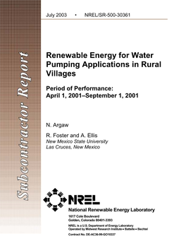 Renewable Energy for Water Pumping Applications in Rural Villages