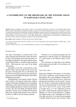 A Contribution to the Bryoflora of the Western Ghats in Karnataka State, India