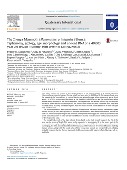 The Zhenya Mammoth (Mammuthus Primigenius (Blum.)): Taphonomy, Geology, Age, Morphology and Ancient DNA of a 48,000 Year Old Frozen Mummy from Western Taimyr, Russia