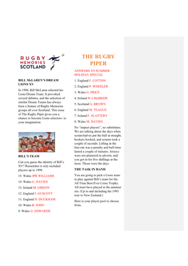 THE RUGBY PIPER ANSWERS to SUMMER HOLIDAY SPECIAL BILL Mclaren’S DREAM 1