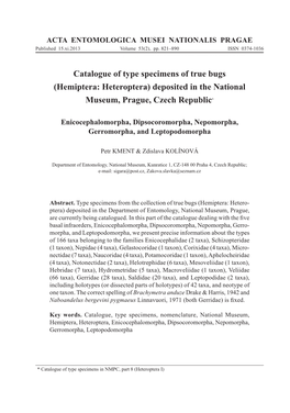 Catalogue of Type Specimens of True Bugs (Hemiptera: Heteroptera) Deposited in the National Museum, Prague, Czech Republic*