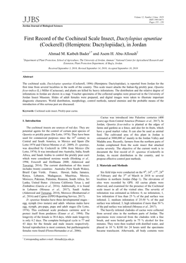 First Record of the Cochineal Scale Insect, Dactylopius Opuntiae (Cockerell) (Hemiptera: Dactylopiidae), in Jordan