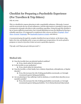 Checklist for Preparing a Psychedelic Experience (For Travellers & Trip