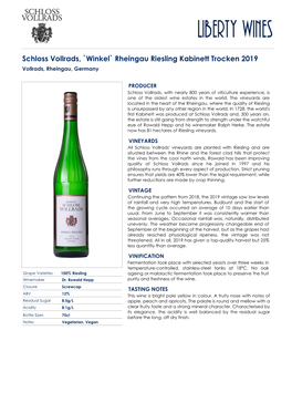 Schloss Vollrads, `Winkel` Rheingau Riesling Kabinett Trocken 2019 Vollrads, Rheingau, Germany