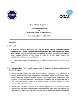 1 Joint Industry Response to TRAI Consultation Paper on Differential Pricing for Data Services Released on December 09, 2015 P