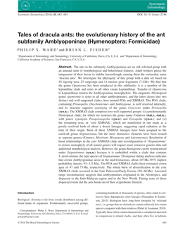 Tales of Dracula Ants: the Evolutionary History of the Ant Subfamily Amblyoponinae (Hymenoptera: Formicidae) PHILIP S