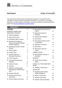 Daily Report Friday, 18 June 2021 CONTENTS