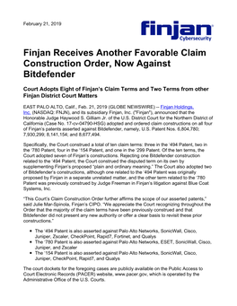 Finjan Receives Another Favorable Claim Construction Order, Now Against Bitdefender