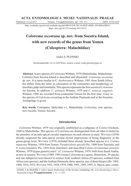 Colotrema Socotrana Sp. Nov. from Socotra Island, with New Records of the Genus from Yemen (Coleoptera: Malachiidae)