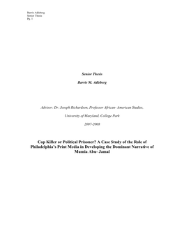 Cop Killer Or Political Prisoner? a Case Study of the Role of Philadelphia’S Print Media in Developing the Dominant Narrative of Mumia Abu- Jamal