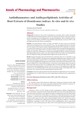 Antiinflammatory and Antihyperlipidemic Activities of Root Extracts of Hemidesmus Indicus: in Vitro and in Vivo Studies