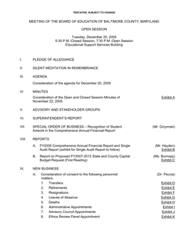 Board of Education Meeting Packet for December 20, 2005