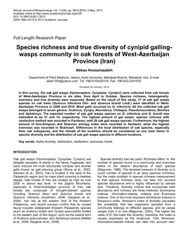 Species Diversity and the Distribution of Oak Gall Wasps Species in Different Locations