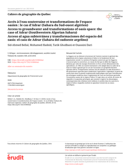 Accès À L'eau Souterraine Et Transformations De L'espace Oasien : Le Cas D'adrar (Sahara Du Sud-Ouest Algérien)