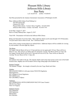 Pleasant Hills Library Jefferson Hills Library Star Party LAT: 40.2975 N LONG: -79.9298 W