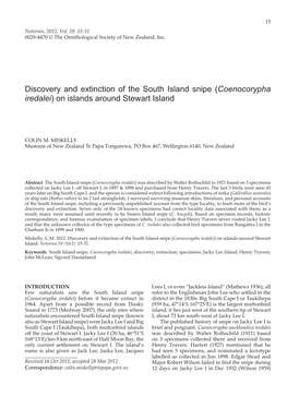 Discovery and Extinction of the South Island Snipe (Coenocorypha Iredalei) on Islands Around Stewart Island