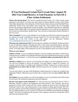 If You Purchased Certain Post Cereals Since August 29, 2012 You Could Receive a Cash Payment As Part of a Class Action Settlement