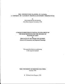 The Context for Planning in Canada: a Critique of Canadian Political Economy Perspectives