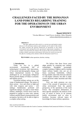 Challenges Faced by the Romanian Land Forces Regarding Training for the Operations in the Urban Environment