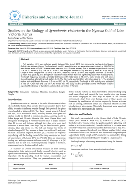 Studies on the Biology of Synodontis Victoriae in the Nyanza Gulf of Lake Victoria, Kenya