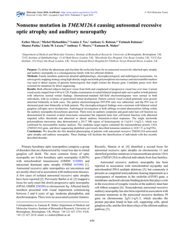 Nonsense Mutation in TMEM126A Causing Autosomal Recessive Optic Atrophy and Auditory Neuropathy