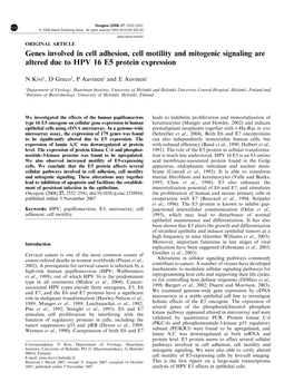 Genes Involved in Cell Adhesion, Cell Motility and Mitogenic Signaling Are Altered Due to HPV 16 E5 Protein Expression