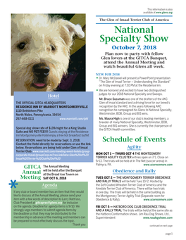 National Specialty Show October 7, 2018 Plan Now to Party with Fellow Glen Lovers at the GITCA Banquet, Attend the Annual Meeting and Watch Beautiful Glens All Week