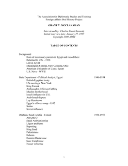 The Association for Diplomatic Studies and Training Foreign Affairs Oral History Project GRANT V. MCCLANAHAN Interviewed By
