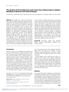 The Decline of the Bumble Bees and Cuckoo Bees (Hymenoptera: Apidae: Bombini) of Western and Central Europe