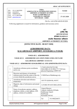 Aerodrome Data Kalaburagi Airport, Gulbarga (Vogb)