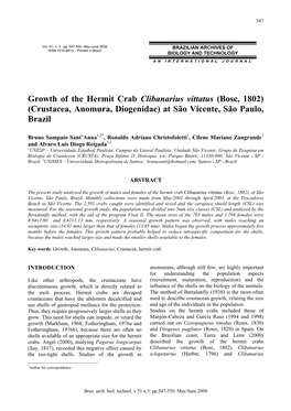 Growth of the Hermit Crab Clibanarius Vittatus (Bosc, 1802) (Crustacea, Anomura, Diogenidae) at São Vicente, São Paulo, Brazil