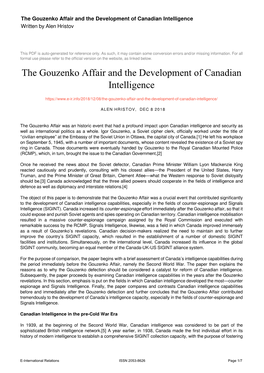 The Gouzenko Affair and the Development of Canadian Intelligence Written by Alen Hristov