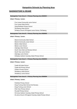 Hampshire Schools by Planning Area BASINGSTOKE & DEANE