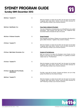 SYDNEY PROGRAM GUIDE Sunday 08Th December 2013