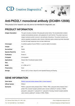 Anti-PKD2L1 Monoclonal Antibody (DCABH-12936) This Product Is for Research Use Only and Is Not Intended for Diagnostic Use