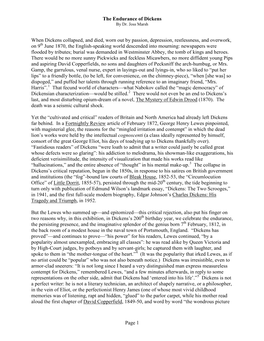 The Endurance of Dickens Page 1 When Dickens Collapsed, and Died, Worn out by Passion, Depression, Restlessness, and Overwork, O